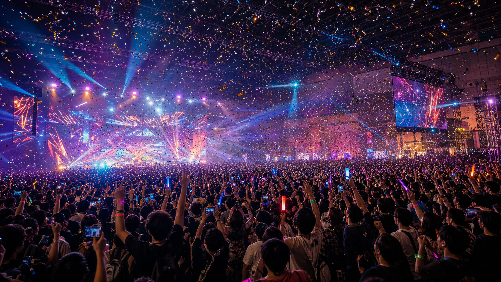 巨大なステージと紙吹雪に包まれた日本の大型アニメイベントで観客が盛り上がる様子